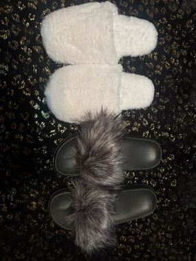 Cozy Faux Fur Slide Slippers - White and Gray 2 pairs Never Worn